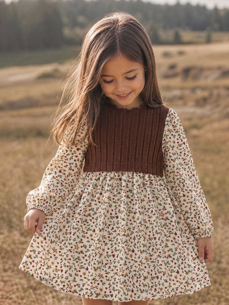 Emery Rose Kids Emery Rose Kids Kids Young Girl Knitted Ruffle Collar Patchwork Floral Puff Sleeve Casual Dress - Multicolor - View 4