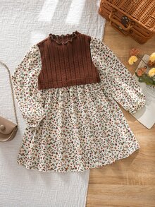 Emery Rose Kids Emery Rose Kids 女童小女孩針織荷葉領拼接花卉泡泡袖休閒洋裝 - 彩色 - 查看 5