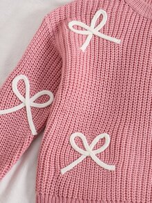 SHEIN طقم كاجوال من قطعتين للبنات الصغيرات، كنزة محبوكة بتصميم كتل لونية وفيونكة ثلاثية الأبعاد وياقة دائرية مع بنطال طويل - متعدد الألوان - مشاهدة 5