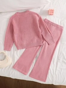 SHEIN طقم كاجوال من قطعتين للبنات الصغيرات، كنزة محبوكة بتصميم كتل لونية وفيونكة ثلاثية الأبعاد وياقة دائرية مع بنطال طويل - متعدد الألوان - مشاهدة 4