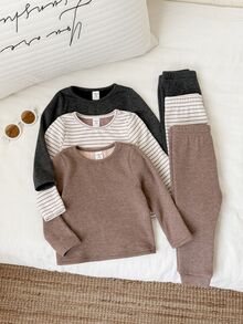 SHEIN 男女嬰兒/幼兒 3套組 秋冬加絨休閒可愛長袖T恤套裝 多件式 嬰兒冬季衣物 - 咖啡棕 - 查看 3