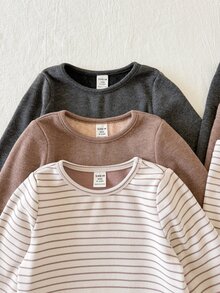 SHEIN 男女嬰兒/幼兒 3套組 秋冬加絨休閒可愛長袖T恤套裝 多件式 嬰兒冬季衣物 - 咖啡棕 - 查看 4