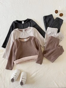 SHEIN 男女嬰兒/幼兒 3套組 秋冬加絨休閒可愛長袖T恤套裝 多件式 嬰兒冬季衣物 - 咖啡棕 - 查看 5