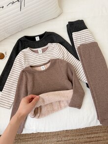 SHEIN 男女嬰兒/幼兒 3套組 秋冬加絨休閒可愛長袖T恤套裝 多件式 嬰兒冬季衣物 - 咖啡棕 - 查看 7