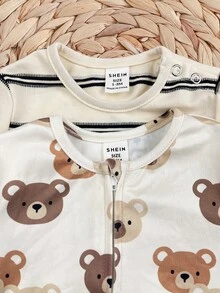 SHEIN Kids Kids Newborn Cute Knitted Cartoon Pattern Striped Pattern Home Wear Romper 2pcs Set - Multicolor - View 7