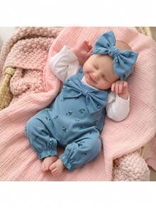 SHEIN Newborn Baby Girl Cute Versatile Blue Floral Bow Romper - Blue - View 2