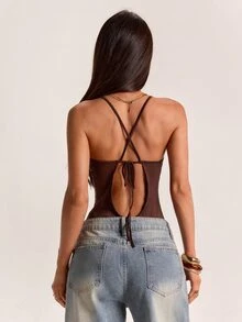 SHEIN BAE Fall Brown Lace Trim Deep V Neck Backless Cross Strap Sexy Slim Fit Cami Bodysuit Halloween Party Date Night Going Out - Brown - View 7