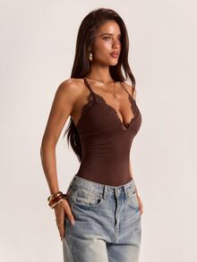 SHEIN BAE Fall Brown Lace Trim Deep V Neck Backless Cross Strap Sexy Slim Fit Cami Bodysuit Halloween Party Date Night Going Out - Brown - View 5