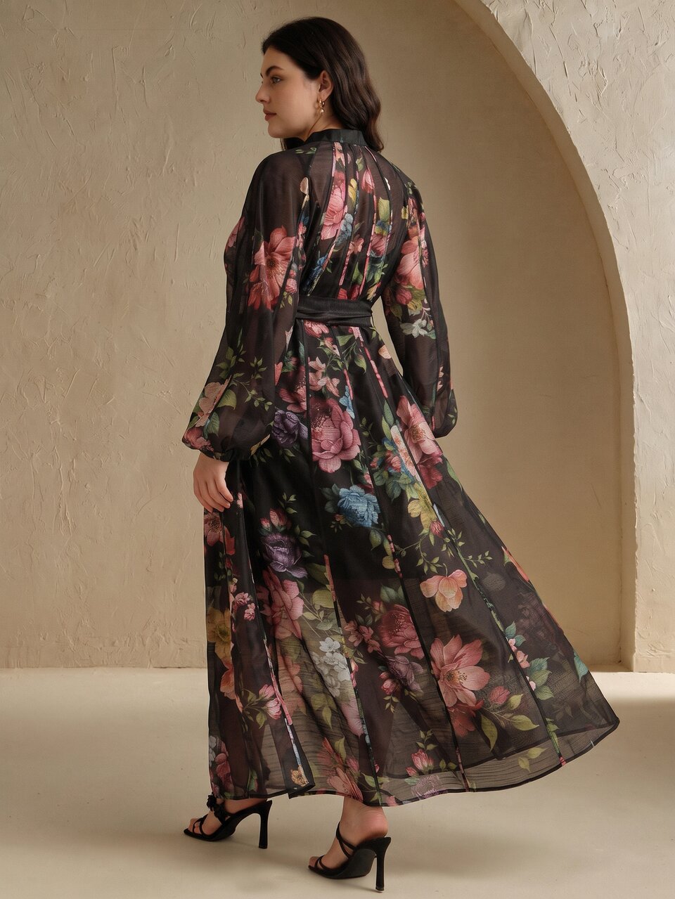 Anewsta Elegant, Vacation, Date Night, Floral Pattern Women's Plus Size Floral Print Lantern Sleeve Elegant Dress