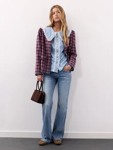 Nöista Blue Striped Lace Trim Shirt. Preppy Style, School, Casual, Commuting, Fall Winter. - Blue - View 4