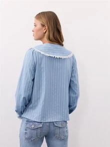Nöista Blue Striped Lace Trim Shirt. Preppy Style, School, Casual, Commuting, Fall Winter. - Blue - View 7