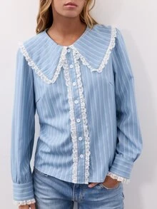 Nöista Blue Striped Lace Trim Shirt. Preppy Style, School, Casual, Commuting, Fall Winter. - Blue - View 2