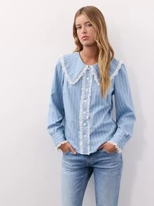 Nöista Blue Striped Lace Trim Shirt. Preppy Style, School, Casual, Commuting, Fall Winter. - Blue - View 3