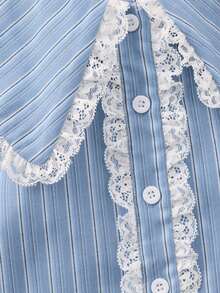 Nöista Blue Striped Lace Trim Shirt. Preppy Style, School, Casual, Commuting, Fall Winter. - Blue - View 8