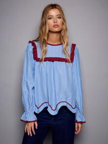 Nöista Blue Striped Blouse With Contrast Red Piping And Scallop Hem. Fall Winter, Casual, Everyday. - Blue - View 4