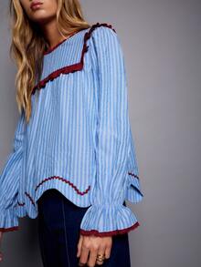 Nöista Blue Striped Blouse With Contrast Red Piping And Scallop Hem. Fall Winter, Casual, Everyday. - Blue - View 1