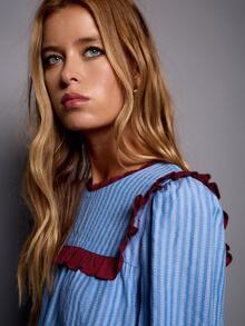 Nöista Blue Striped Blouse With Contrast Red Piping And Scallop Hem. Fall Winter, Casual, Everyday. - Blue - View 7