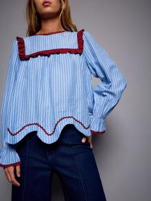 Nöista Blue Striped Blouse With Contrast Red Piping And Scallop Hem. Fall Winter, Casual, Everyday. - Blue - View 6