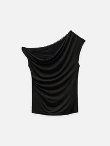 Nöista Women Fall Black Cold Shoulder Draped Top With Lace Detail Trim Insert On The Neck, Perfect Top For Party, Winter Going Out, And Special Occasions. - Black - View 8