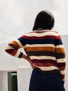 Nöista Womenswear Multi-Colour Striped Cardigan With Contrast Collar And Placket. Perfect For Cosy Autum Winter4 Layering, And Back To School Season. - Navy Blue - View 6