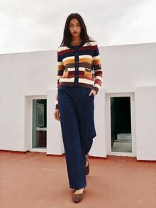 Nöista Womenswear Multi-Colour Striped Cardigan With Contrast Collar And Placket. Perfect For Cosy Autum Winter4 Layering, And Back To School Season. - Navy Blue - View 7