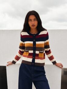 Nöista Womenswear Multi-Colour Striped Cardigan With Contrast Collar And Placket. Perfect For Cosy Autum Winter4 Layering, And Back To School Season. - Navy Blue - View 4