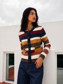 Nöista Womenswear Multi-Colour Striped Cardigan With Contrast Collar And Placket. Perfect For Cosy Autum Winter4 Layering, And Back To School Season. - Navy Blue - View 1