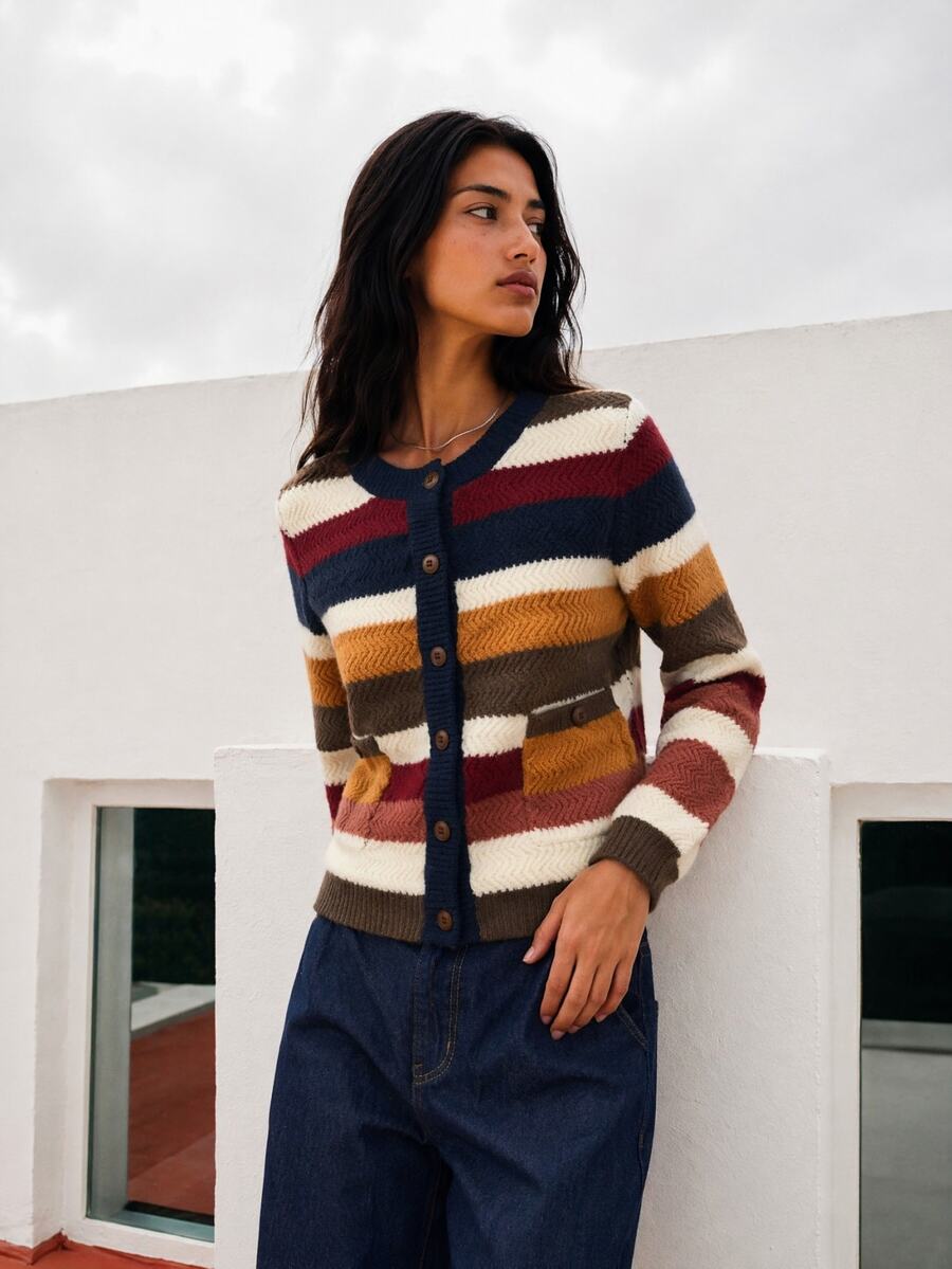 Nöista Womenswear Multi-Colour Striped Cardigan With Contrast Collar And Placket. Perfect For Cosy Autum Winter4 Layering, And Back To School Season. - Navy Blue - View 1
