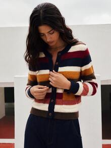 Nöista Womenswear Multi-Colour Striped Cardigan With Contrast Collar And Placket. Perfect For Cosy Autum Winter4 Layering, And Back To School Season. - Navy Blue - View 5