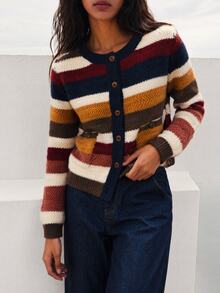 Nöista Womenswear Multi-Colour Striped Cardigan With Contrast Collar And Placket. Perfect For Cosy Autum Winter4 Layering, And Back To School Season. - Navy Blue - View 3