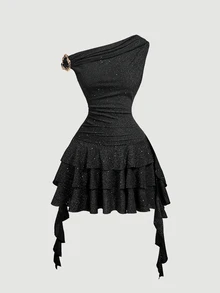 SHEIN MOD 女款 1 件裝亮片閃亮網紗抓褶單肩無袖層次荷葉邊迷你洋裝，黑色甜美 Coquette 風格少女派對洋裝，適合秋季聖誕節 - 黑色 - 查看 5