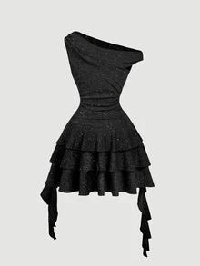 SHEIN MOD 女款 1 件裝亮片閃亮網紗抓褶單肩無袖層次荷葉邊迷你洋裝，黑色甜美 Coquette 風格少女派對洋裝，適合秋季聖誕節 - 黑色 - 查看 8