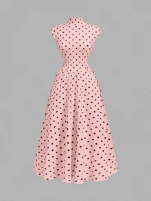SHEIN MOD Women's Polka Dot High Neck Long Knit Dress - Pink - View 3