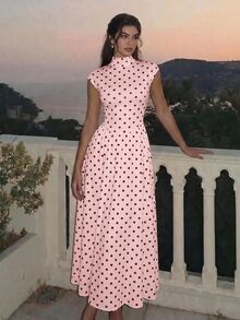 SHEIN MOD Women's Polka Dot High Neck Long Knit Dress - Pink - View 2