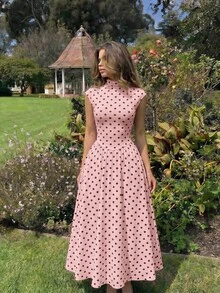 SHEIN MOD Women's Polka Dot High Neck Long Knit Dress - Pink - View 1