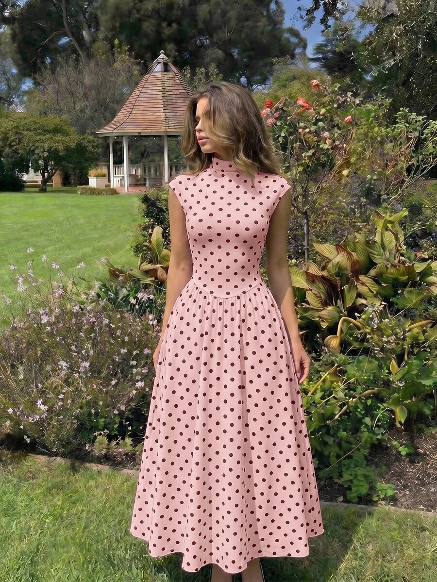 SHEIN MOD Women's Polka Dot High Neck Long Knit Dress - Pink - View 1