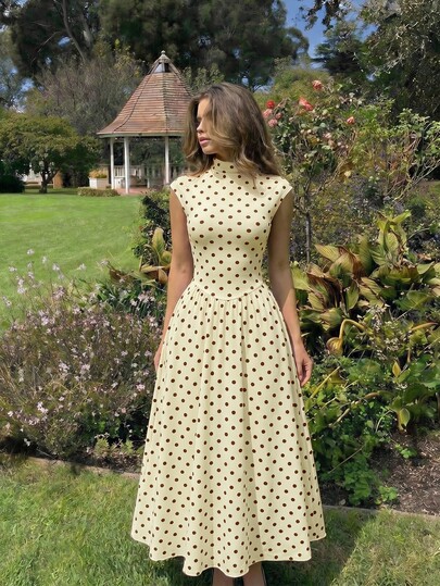 SHEIN MOD Women's Brown And White Polka Dot And Polka Dot High Neck Long Knit Dress Tea Party Brunch Vacation Date Summer Vintage Elegant