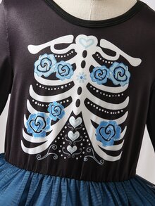 Glamorique Kids 女童可愛趣味印花網紗洋裝，適合假期與度假，秋冬款 - 藍色 - 查看 7