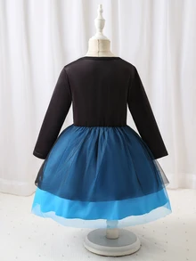 Glamorique Kids 女童可愛趣味印花網紗洋裝，適合假期與度假，秋冬款 - 藍色 - 查看 2