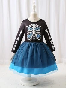 Glamorique Kids 女童可愛趣味印花網紗洋裝，適合假期與度假，秋冬款 - 藍色 - 查看 3
