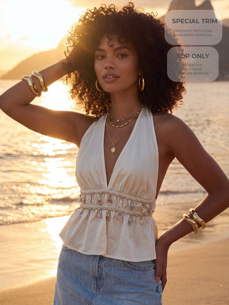 CAJUNI Women's Beach Shell Tassel Decor Pleated Halter Neck Tie Top - White - View 1