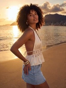 CAJUNI Women's Beach Shell Tassel Decor Pleated Halter Neck Tie Top - White - View 6