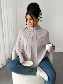 Elenzga Sweater Pullover Lengan Kelelawar Rajut Aprikot Ukuran Besar, Kasual dan Nyaman - Khaki - View 6