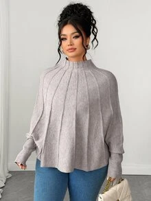Elenzga Sweater Pullover Lengan Kelelawar Rajut Aprikot Ukuran Besar, Kasual dan Nyaman - Khaki - View 4