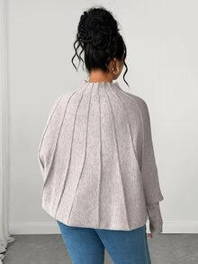 Elenzga Sweater Pullover Lengan Kelelawar Rajut Aprikot Ukuran Besar, Kasual dan Nyaman - Khaki - View 2