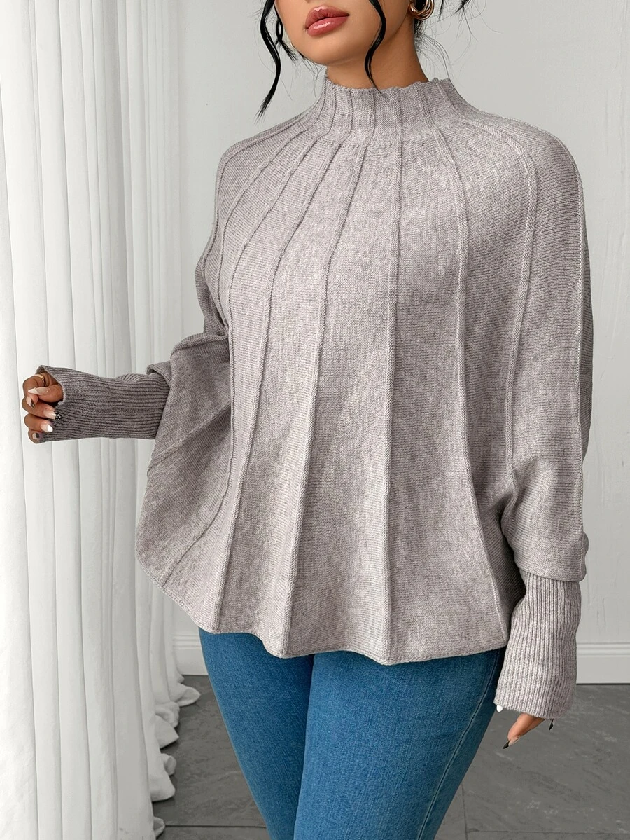 Elenzga Sweater Pullover Lengan Kelelawar Rajut Aprikot Ukuran Besar, Kasual dan Nyaman - Khaki - View 1
