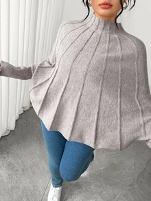Elenzga Sweater Pullover Lengan Kelelawar Rajut Aprikot Ukuran Besar, Kasual dan Nyaman - Khaki - View 5