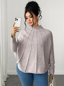 Elenzga Sweater Pullover Lengan Kelelawar Rajut Aprikot Ukuran Besar, Kasual dan Nyaman - Khaki - View 3