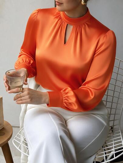 Velvienne Plus Size Women's Autumn/Winter Bright Orange Faux Silk Satin Stand Collar Hollow Lantern Long Sleeve Blouse, Commute & Date Elegant Luxury Top Fall