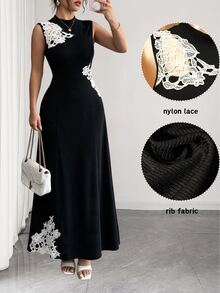SHEIN LUNE CURVE Gaun Tanpa Lengan Ukuran Besar dengan Motif Renda Kontras - Hitam - View 3
